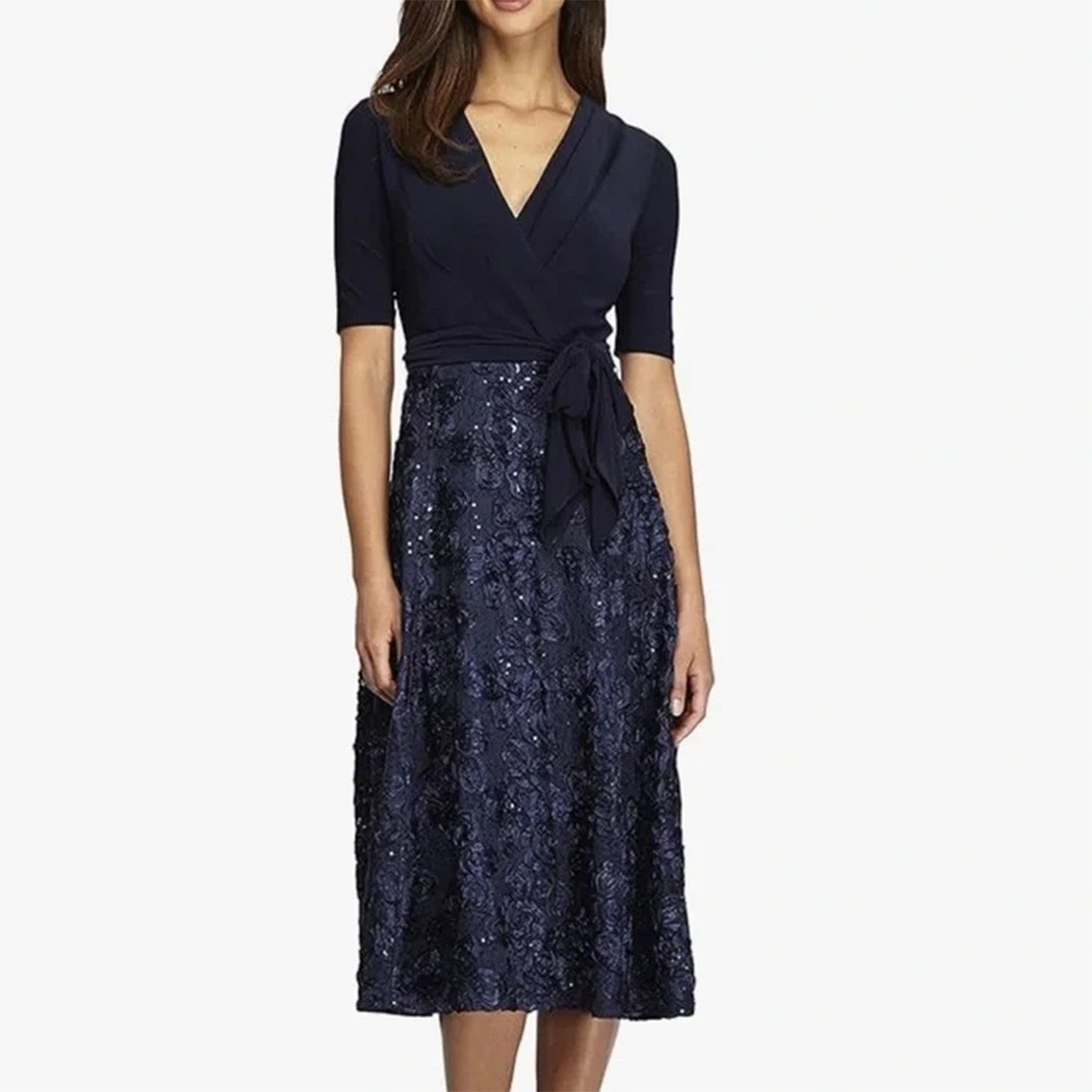 Alex Evenings NEW Embellished Tea Length Lace & Jersey Cocktail Dress Navy Sz 12